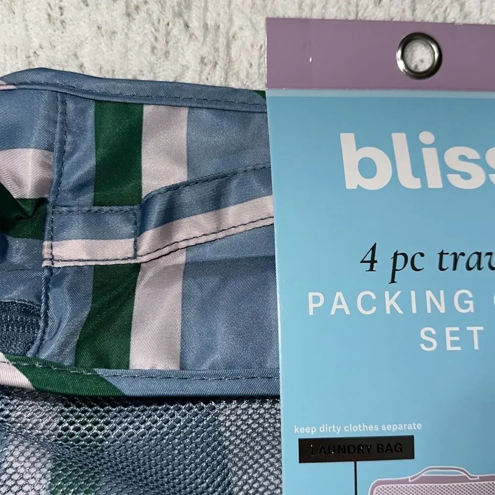 bliss Blue Green Blush Pink Mesh Stripe 4pc Travel Packing Cube Set